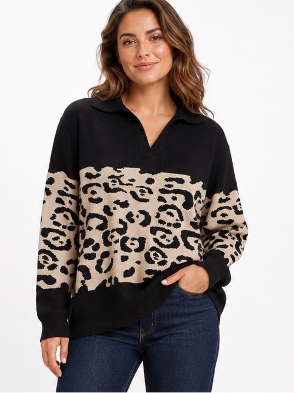 White Birch Leopard Polo Sweater L Oversized Collared Knit Black Cream
